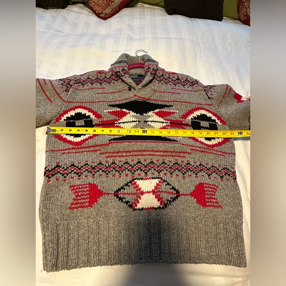 Ralph Lauren Gray and Red Zip Up Sweater Hand Knit 100% Wood For Large size - Picture 11 of 11